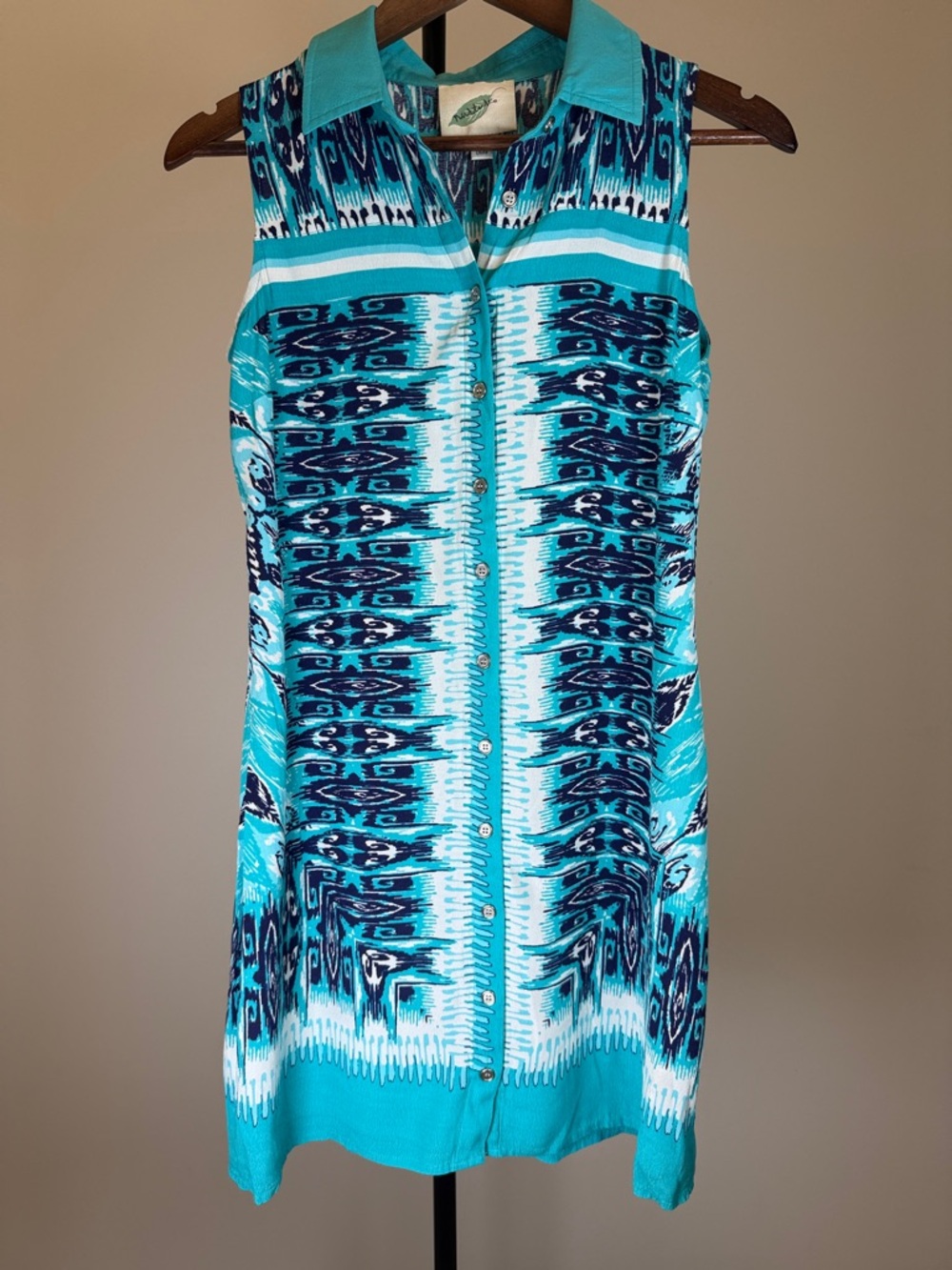 Nurture Sleeveless Ikat Print Button Front Shirt Dress - Turquoise Blue- Size S
